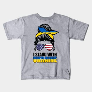 Ukrainian American Flag I Stand With Ukraine Messy Bun Women Kids T-Shirt